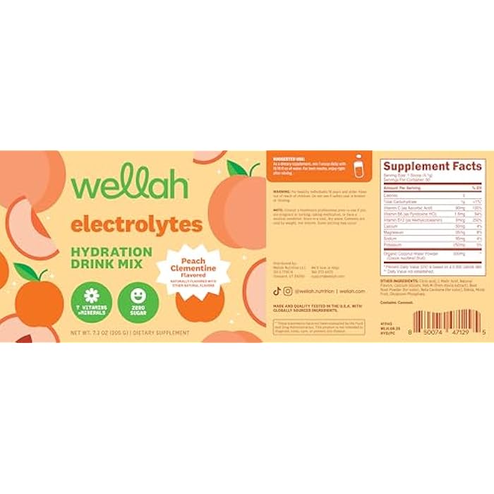 Wellah Electrolytes Powder (Peach Clementine) 50 Servings - Hydration Drink Mix, 7 Vitamins & Minerals, Zero Sugar - Image 5