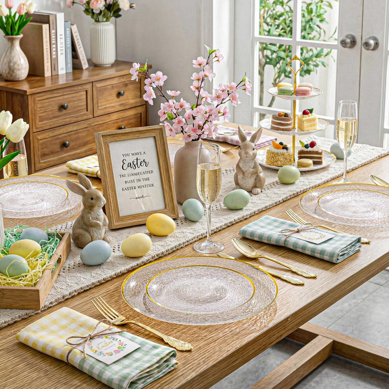 Liacere Licaere 60Pcs Clear Plastic Plates - Clear Disposable Plates With Gold Rim - Heavy-duty Gold Plates, Party Plates Include 30Clear Dessert-Platos,30Dinner-Platos for Weddingï¼†Party&Easter Day - Image 5