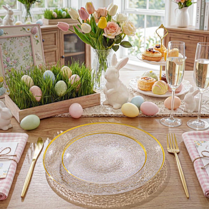 Liacere Licaere 60Pcs Clear Plastic Plates - Clear Disposable Plates With Gold Rim - Heavy-duty Gold Plates, Party Plates Include 30Clear Dessert-Platos,30Dinner-Platos for Weddingï¼†Party&Easter Day - Image 4