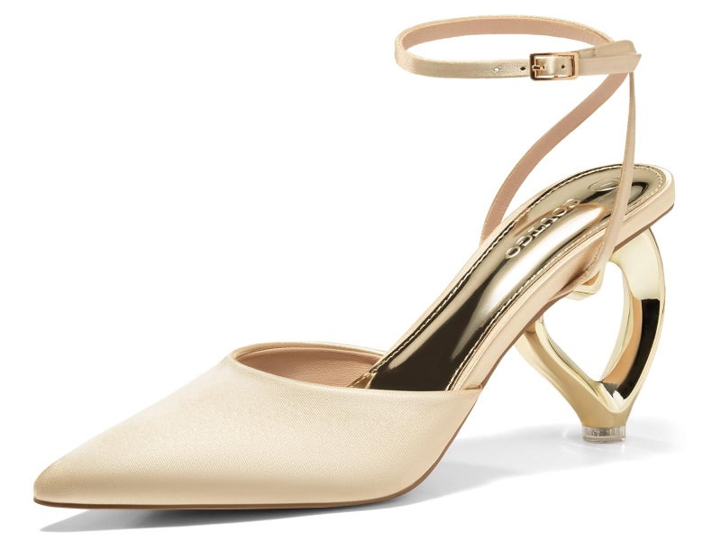 Coutgo Womens Kitten Heels Closed Pointed Toe Heart Heel Ankle Strap Satin Pumps Wedding Prom Dress Shoes,Champagne Gold,Size 8.5 - Image 1