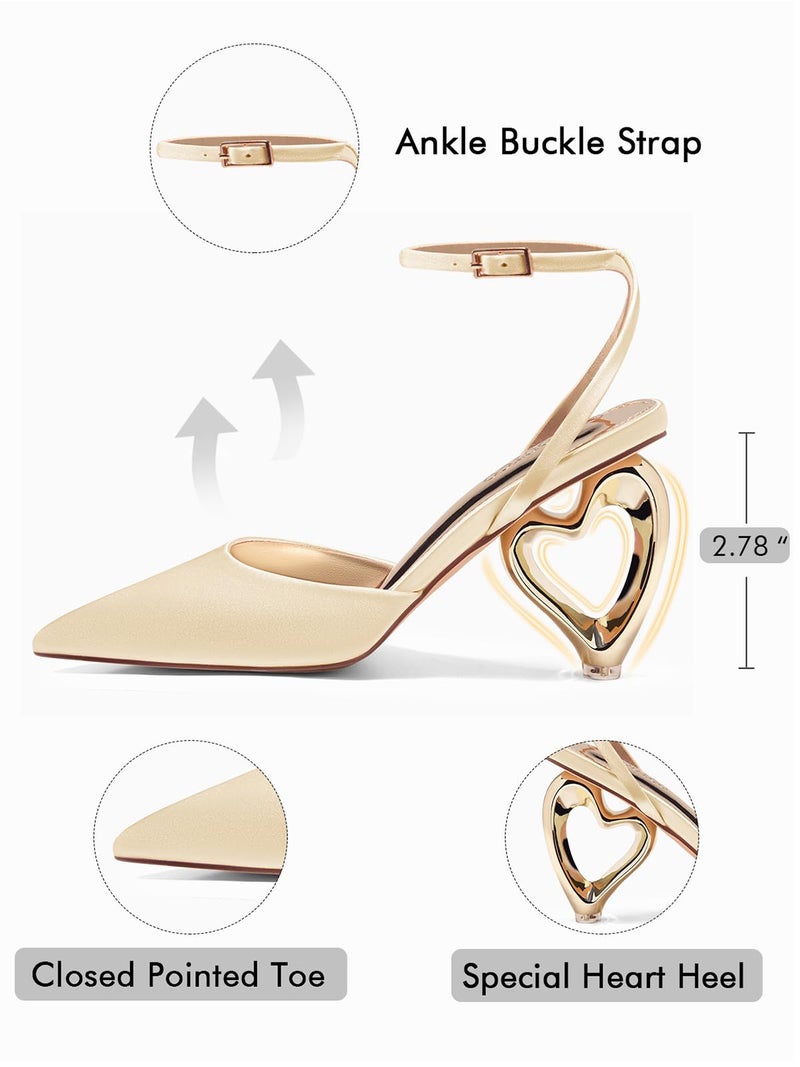 Coutgo Womens Kitten Heels Closed Pointed Toe Heart Heel Ankle Strap Satin Pumps Wedding Prom Dress Shoes,Champagne Gold,Size 8.5 - Image 4