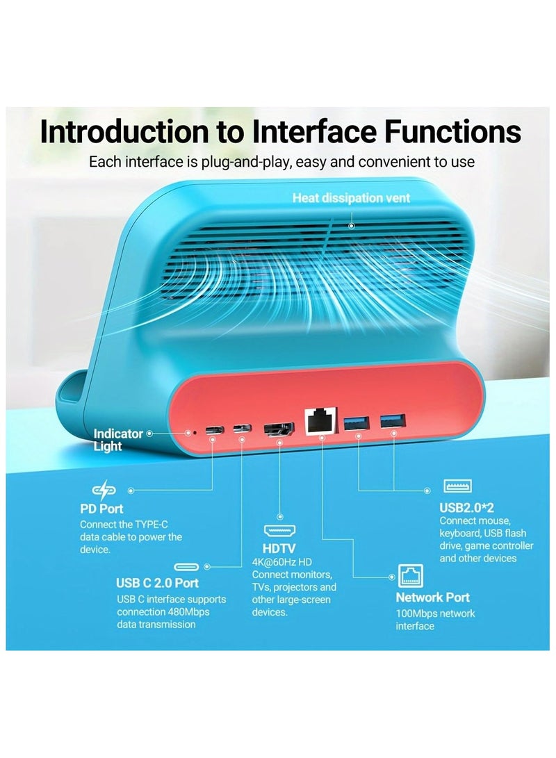 SYOSI TV Dock Station 6 in 1 Air-Cooled for Nintendo Switch/Switch OLED, Portable Charger Dock, Switch Dock with USB-C and HDMI Cable, 4K UHD Adapter, Compatible with iOS and Android - Image 5