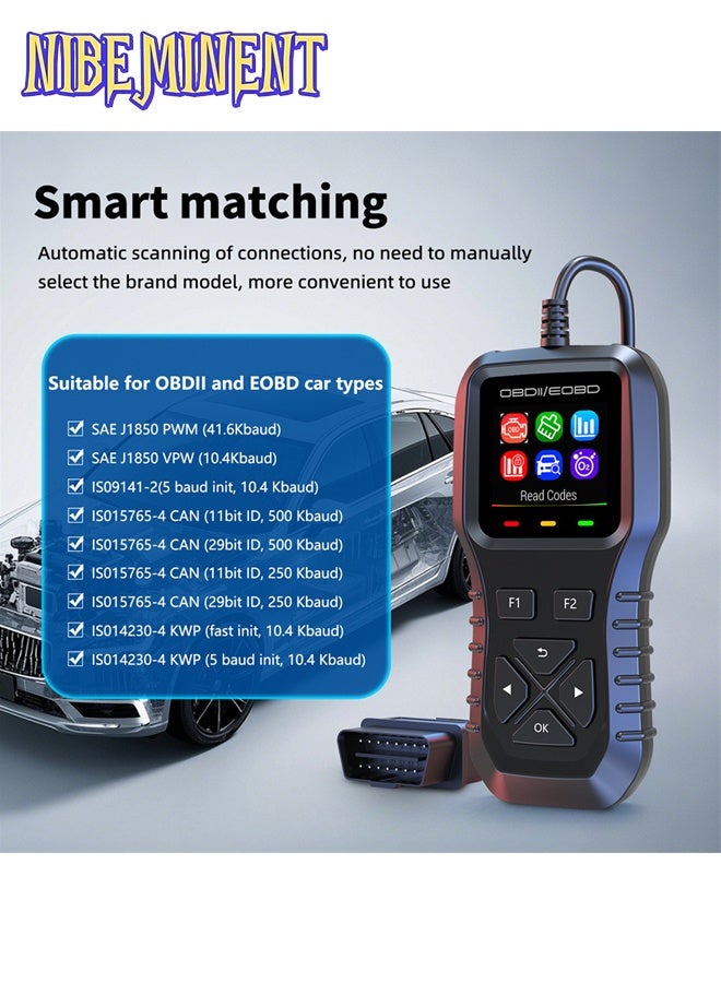 NIBEMINENT أداة تشخيص السيارات OBD2 العالمية، قارئ رموز أعطال المحرك، يدعم العربية، مع بيانات حية واستعداد I/M، إطار تجميد مع شاشة ملونة، يعمل مع جميع مركبات OBDII - Image 3