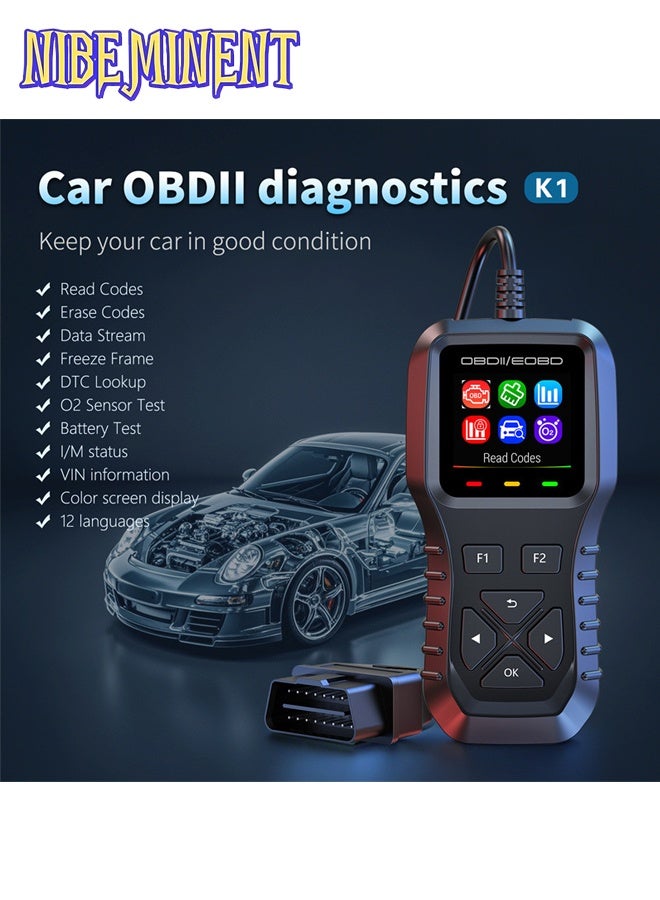 NIBEMINENT أداة تشخيص السيارات OBD2 العالمية، قارئ رموز أعطال المحرك، يدعم العربية، مع بيانات حية واستعداد I/M، إطار تجميد مع شاشة ملونة، يعمل مع جميع مركبات OBDII - Image 2