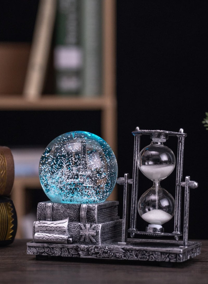 Barakah كرة ثلج عتيقة مع مؤقت ساعة رملية LED صندوق موسيقي كريستالي كرة ثلج موسيقية مقتنيات ساعة رملية لمدفأة المنزل ديكورات منزلية قلعة فضية - Image 1