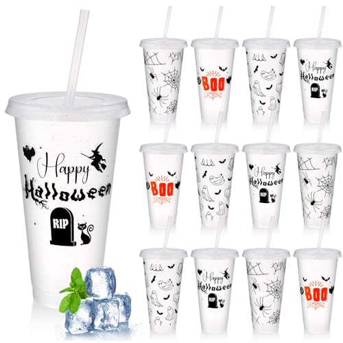 Tiangrid 12 Pcs Halloween Cups with Lids and Straws 24 oz Plastic Glitter Halloween Tumbler Bulk Reusable Cups Water Bottle for Adults Cold Drink Iced Coffee Party Favors Supplies - Image 1