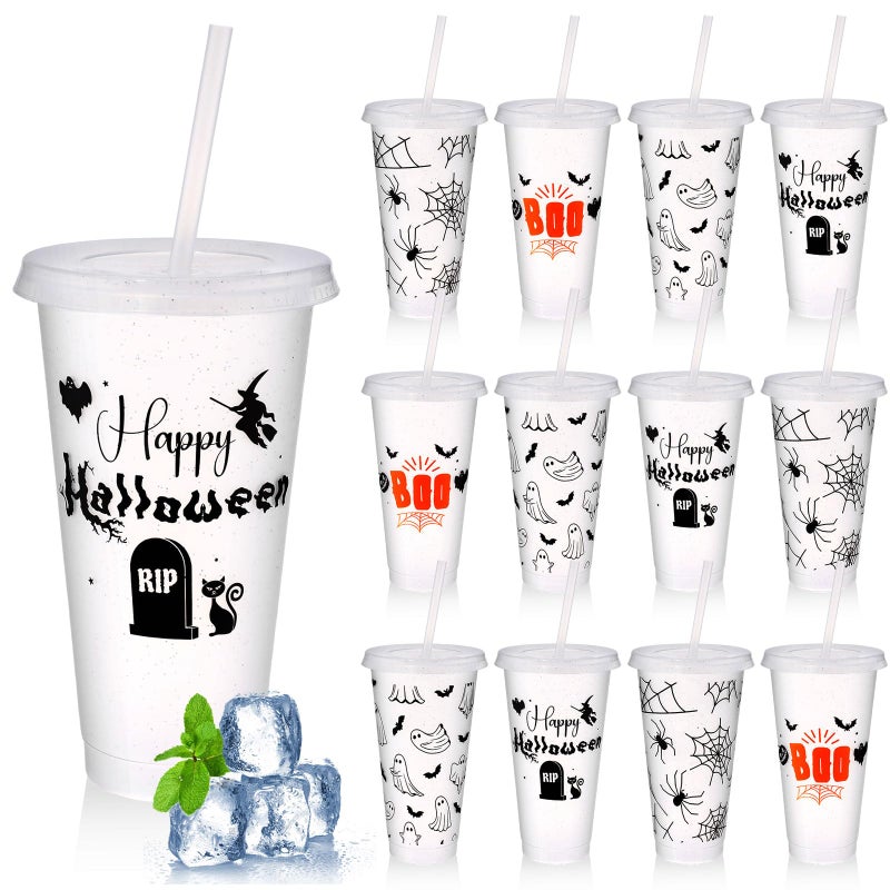 Tiangrid 12 Pcs Halloween Cups with Lids and Straws 24 oz Plastic Glitter Halloween Tumbler Bulk Reusable Cups Water Bottle for Adults Cold Drink Iced Coffee Party Favors Supplies - Image 2