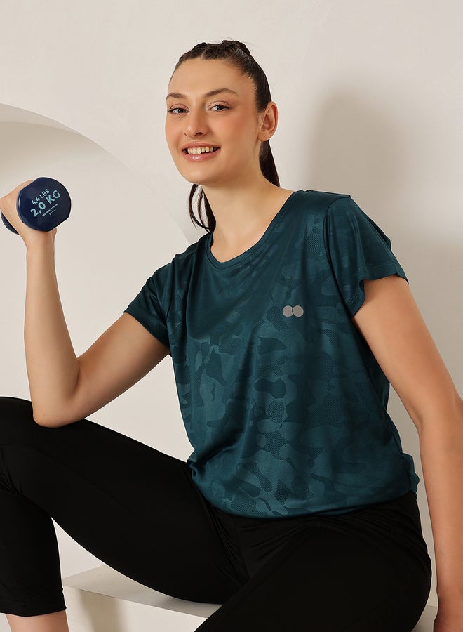 Clovia Blue Comfort Fit Camouflage Print Active T-Shirt - Image 1