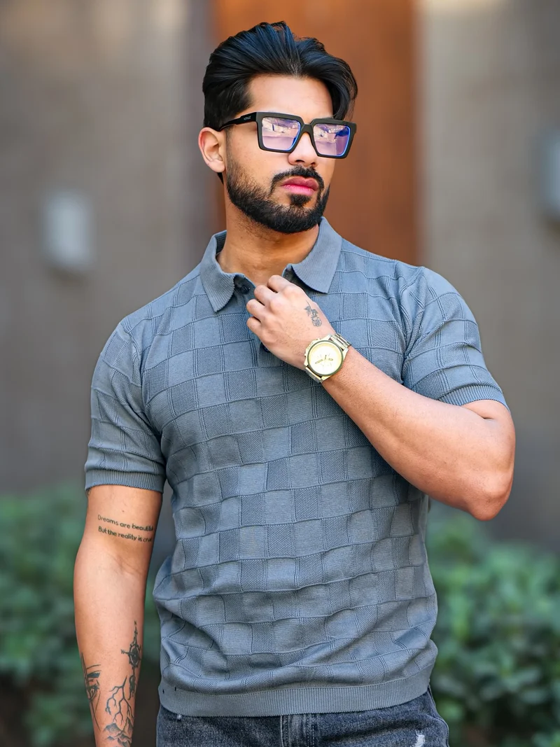 مانياك تيشيرت بولو رجالي مانياك بنقشة الشطرنج وأكمام نصف قطن