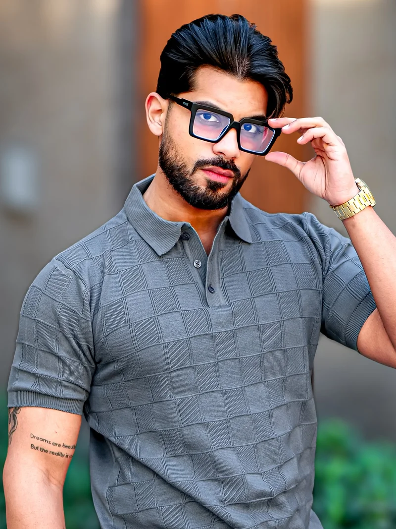 مانياك تيشيرت بولو رجالي مانياك بنقشة الشطرنج وأكمام نصف قطن