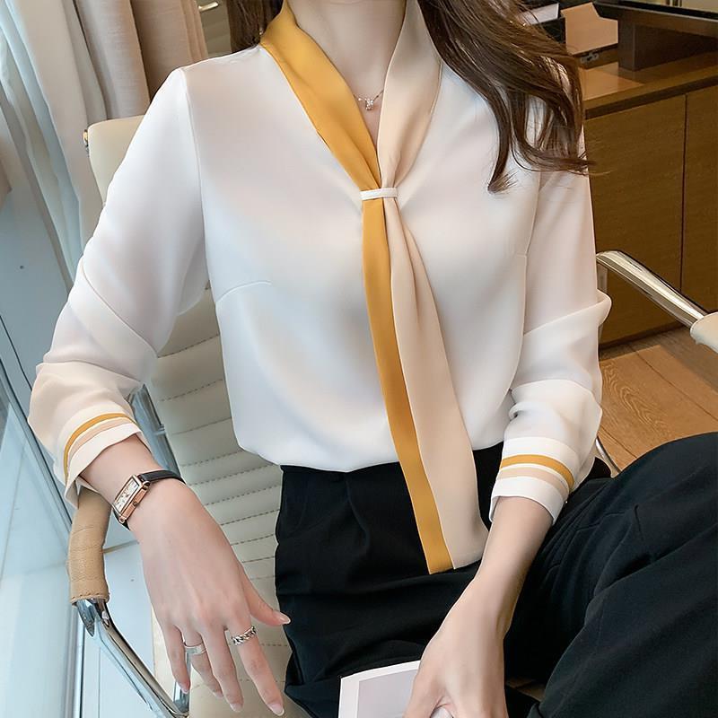 Professional shirt Women's Spring and Autumn retro design suit collar lace-up chiffon long sleeve Western style bottoming shirt top - Image 2