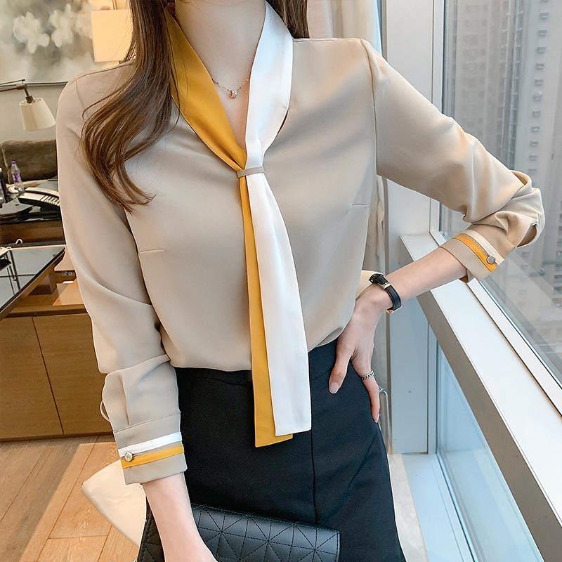 Professional shirt Women's Spring and Autumn retro design suit collar lace-up chiffon long sleeve Western style bottoming shirt top - Image 1