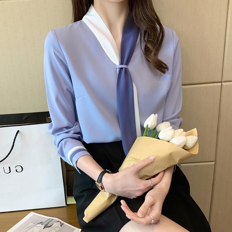 Professional shirt Women's Spring and Autumn retro design suit collar lace-up chiffon long sleeve Western style bottoming shirt top - Image 5