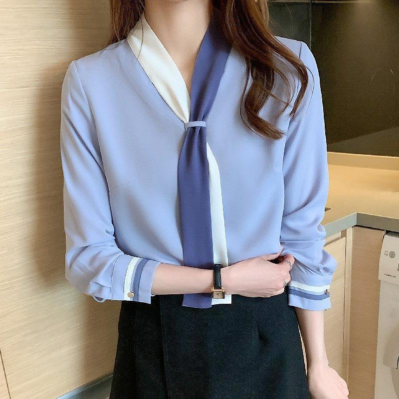 Professional shirt Women's Spring and Autumn retro design suit collar lace-up chiffon long sleeve Western style bottoming shirt top - Image 3