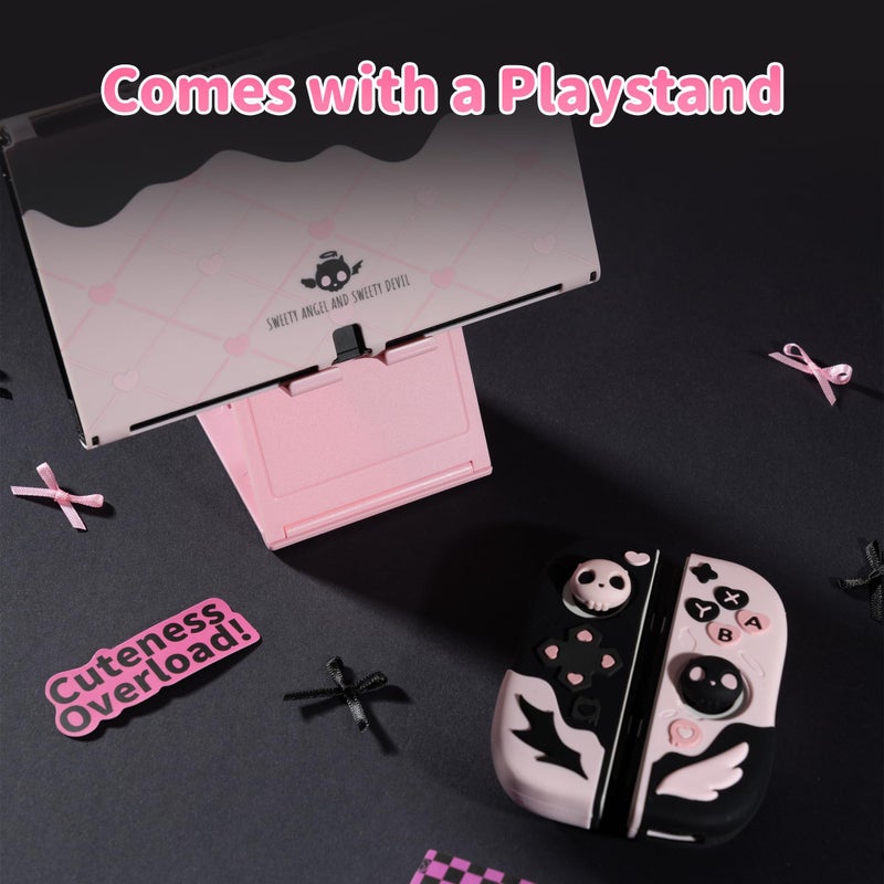GeekShare Protective Case for Switch OLED Model,Anti-Scratch Slim Cover Case Compatible with Switch OLED Separable Soft Silicone Shell with 2 Thumb Grip Caps- Sweetheart Skull - Image 5