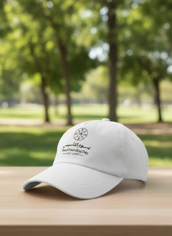 بريميم قبعة أطفال بمناسبة يوم تأسيس المملكة العربية السعودية - قبعة قطنية بيضاء خفيفة الوزن بشعار تراثي للمناسبات الخارجية - Image 3