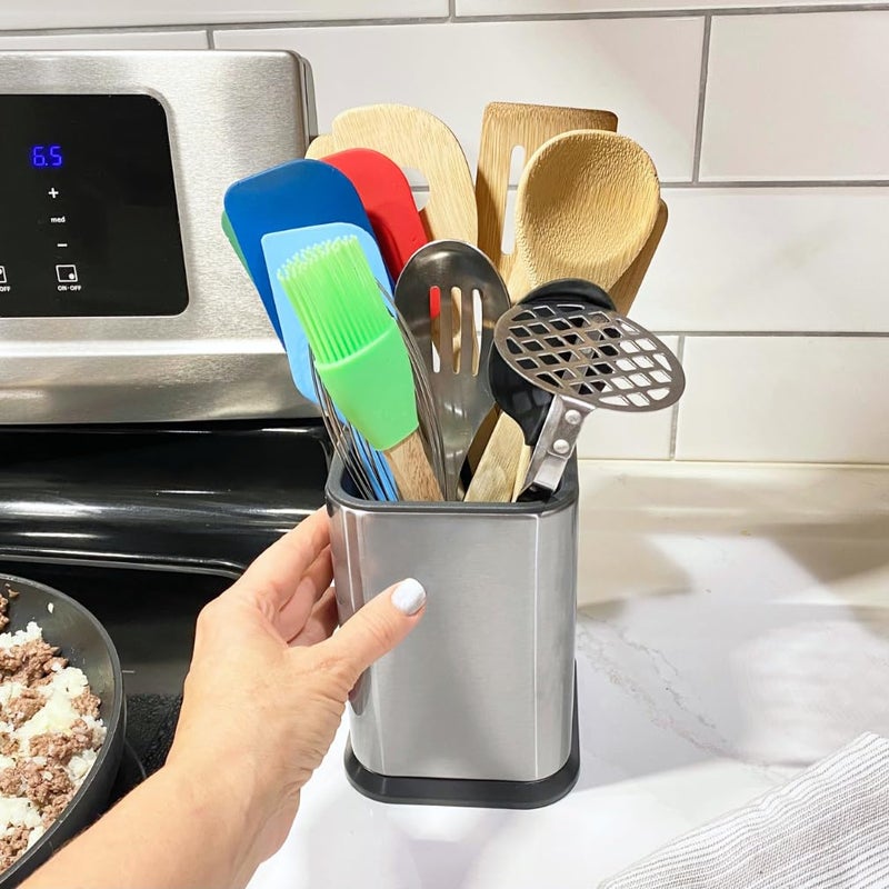 Evelots Kitchen Utensil Holder - Stainless Steel - Kitchen Tool Organizer for Countertop - Store 15 Spoons, Spatulas, Whisks - Silverware Caddy with Detachable Bottom with Holes to Help Dry - No Rust - Image 2