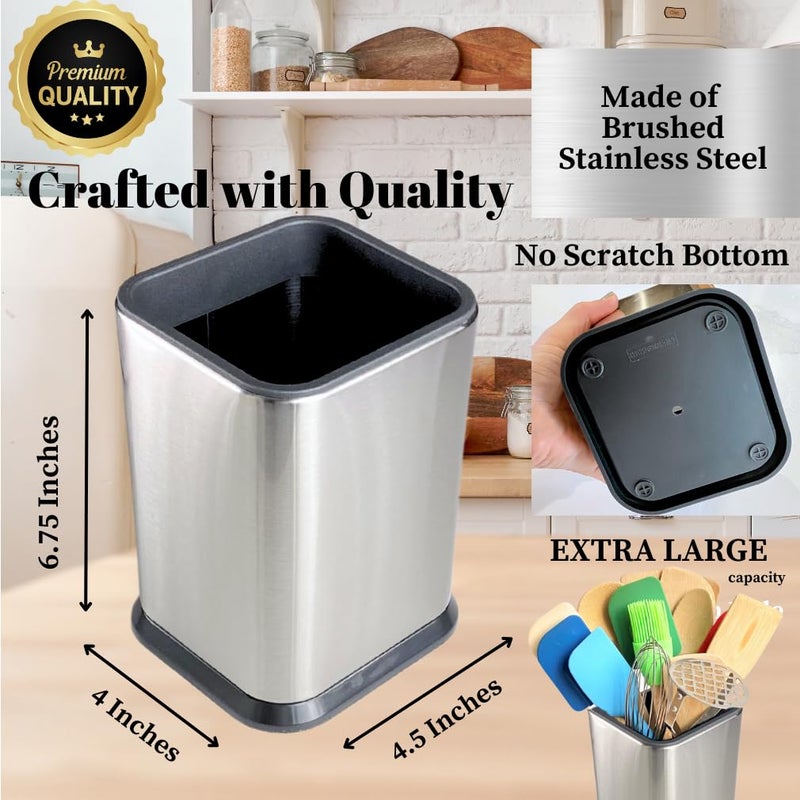 Evelots Kitchen Utensil Holder - Stainless Steel - Kitchen Tool Organizer for Countertop - Store 15 Spoons, Spatulas, Whisks - Silverware Caddy with Detachable Bottom with Holes to Help Dry - No Rust - Image 3