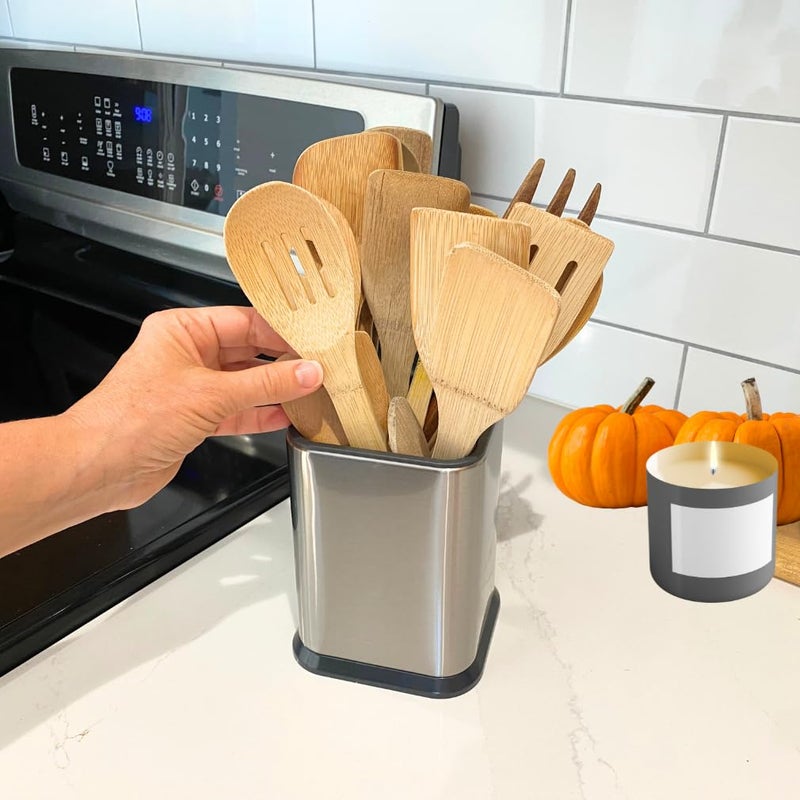 Evelots Kitchen Utensil Holder - Stainless Steel - Kitchen Tool Organizer for Countertop - Store 15 Spoons, Spatulas, Whisks - Silverware Caddy with Detachable Bottom with Holes to Help Dry - No Rust - Image 4