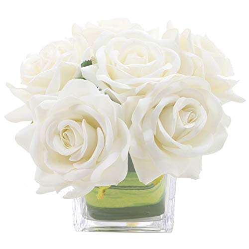 Fule Artificial Velvet Rose Flower Centerpiece Arrangement in vase for Home Wedding Decoration (Ivory) - Image 1