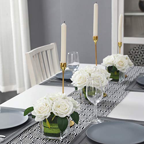 Fule Artificial Velvet Rose Flower Centerpiece Arrangement in vase for Home Wedding Decoration (Ivory) - Image 3