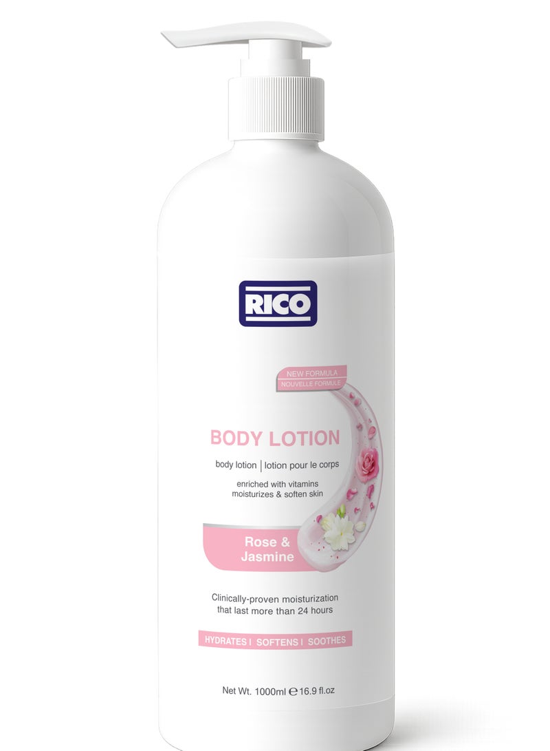 RICO Moisturizing Body Lotion for Normal to Dry Skin, 1000 ml, with Glycerine, Vitamin E, Dimethicone, Rose & Jasmine - Image 1