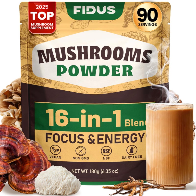 Fidus 16 Mushroom Supplement Powder with 17,300mg, 90 Day Servings Mushroom Coffee Alternative for Immunity, Focus & Energy with Ashwagandha, Lion's Mane, Chaga and Reishi, 100% Fruiting Bodies - Image 1