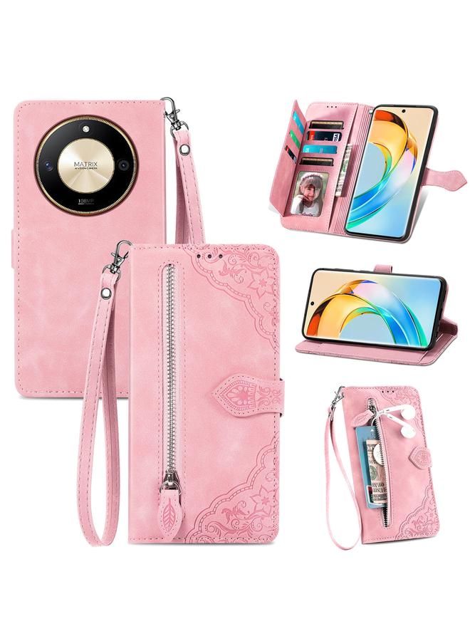 اس-توب جراب هاتف Honor X50 من الجلد بسحاب منقوش عليه زهور - Image 1