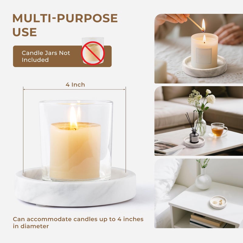 WORHE Candle Holders Italy Premium Natural Marble Candlestick Holder for Jar Pillar Candles Large Round Coaster Plate Jewelry Tray Centerpiece for Wedding Dining Table Home Decor White (ZT011) - Image 3