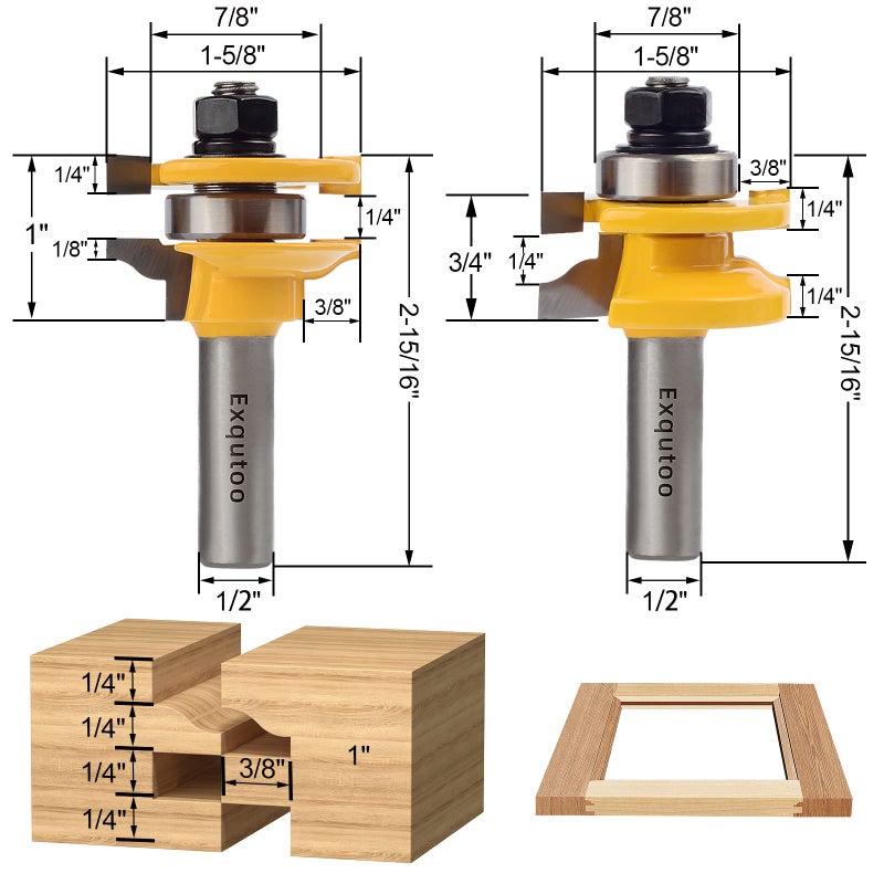 Exqutoo 3Pcs 1/2"" Shank Router Bit Set  Raised Panel Cabinet Door Making Router Bits  Cemented Carbide Router Bits  Woodworking Tools Router Door & Window Bits (Tenon Joint Cutter Diameter: 1-5/8"") - Image 3
