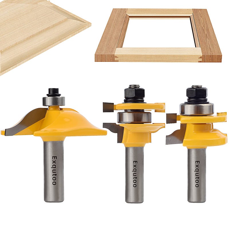 Exqutoo 3Pcs 1/2"" Shank Router Bit Set  Raised Panel Cabinet Door Making Router Bits  Cemented Carbide Router Bits  Woodworking Tools Router Door & Window Bits (Tenon Joint Cutter Diameter: 1-5/8"") - Image 1