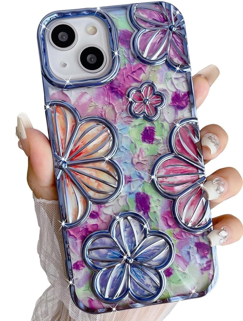 mobistyle Designed for iPhone 15 Cover | Electroplating Colourful 3D Flower Design Camera Protection TPU Back Cover Case for Girls & Women (Flower Blue) - Image 1