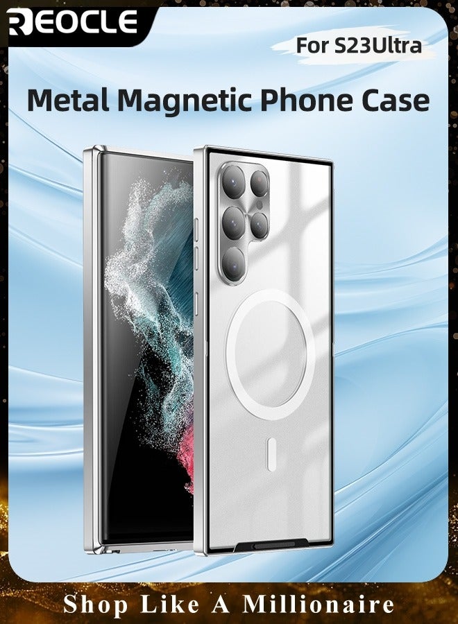 REOCLE Samsung S23Ultra Mobile Phone Case Drop-Resistant Metal Shell Frosted Semi-Transparent Mobile Phone Case Full Protection Plating Anti-Scratch Slim Thin Case Cover with Magnetic Suction Function and Camera Lens Protector - Image 1