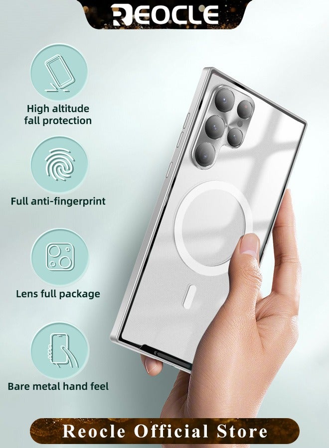 REOCLE Samsung S23Ultra Mobile Phone Case Drop-Resistant Metal Shell Frosted Semi-Transparent Mobile Phone Case Full Protection Plating Anti-Scratch Slim Thin Case Cover with Magnetic Suction Function and Camera Lens Protector - Image 2