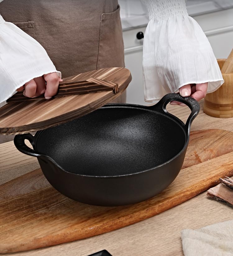 VONOTO 11 inch Cast Iron Wok with Lid and Handles, Grilling Wok, Use in the Oven, on the Stove, or on the Grill (Wok with Lid 11 inch) - Image 5