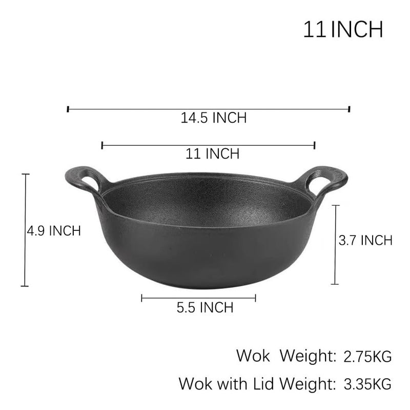 VONOTO 11 inch Cast Iron Wok with Lid and Handles, Grilling Wok, Use in the Oven, on the Stove, or on the Grill (Wok with Lid 11 inch) - Image 1
