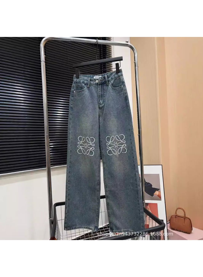 24ss Lew Classic Casual Versatile High Waist Denim Wide Leg Pants Slim Comfortable High Elastic Fashion 