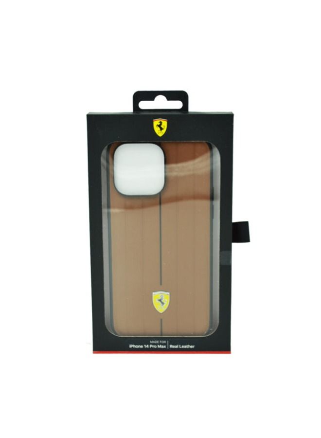 Ferrari حافظة جلدية مع خطوط بارزة وشعار درع أصفر لهاتف آيفون 14 برو ماكس - جمل - Image 2