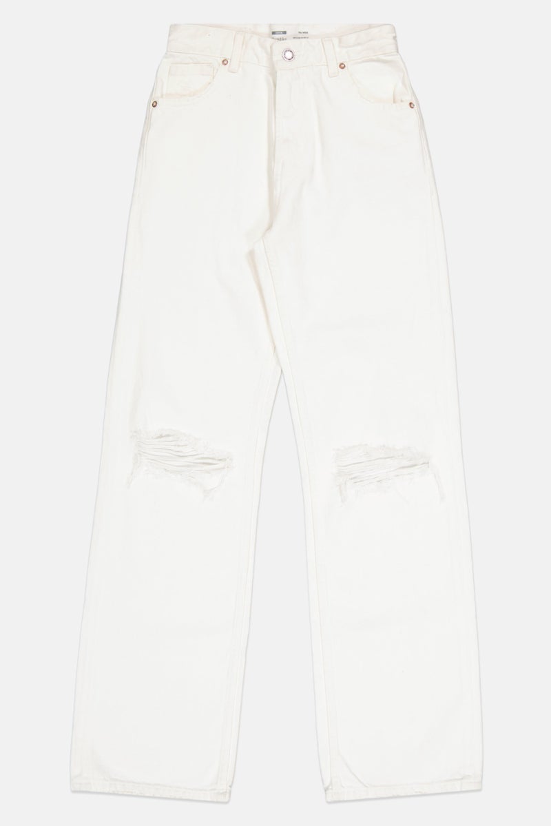 Bershka جينز نسائي بقصة عادية ممزق غير قابل للتمدد، أبيض - Image 2