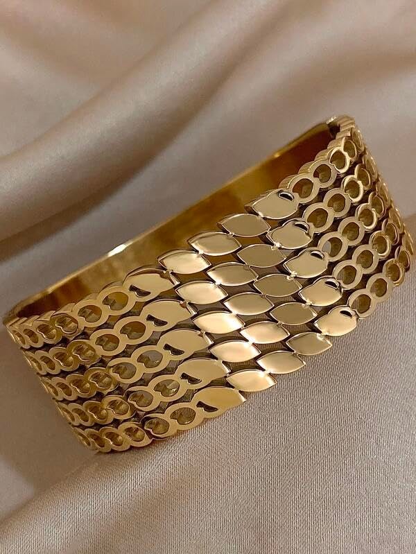 VIEN Trendy Gold Plated Wide Cuff Bracelet for Women & Girls | Adjustable Open Bangle | Stylish Wear Fashion Jewelry | Statement Bracelet Gift - Image 3