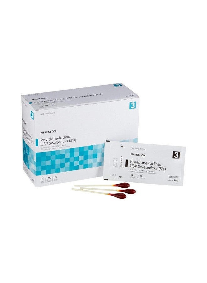 McKesson Povidone Iodine 10% Swabs Stick [75 Sticks], Sterile Swabsticks, Topical Pre-Surgical and First Aid, 3 Per Pack, 25 Packs - Image 1