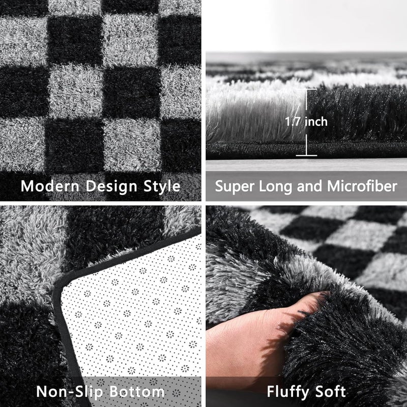 FALARK Rugs for Bedroom Living Room, 4x6 ft Black and Grey Checkered Area Rug, Fluffy Soft Washable Carpet, Modern Non-Slip Shag Carpets for Boys Girls Nursery Home Aesthetic Decor - Image 4