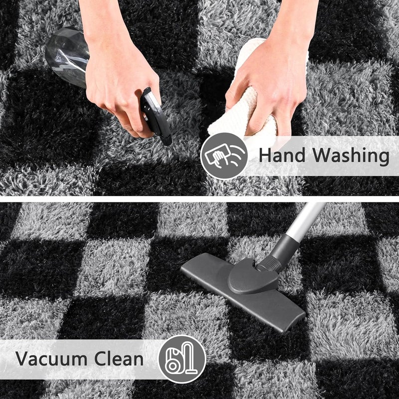 FALARK Rugs for Bedroom Living Room, 4x6 ft Black and Grey Checkered Area Rug, Fluffy Soft Washable Carpet, Modern Non-Slip Shag Carpets for Boys Girls Nursery Home Aesthetic Decor - Image 5