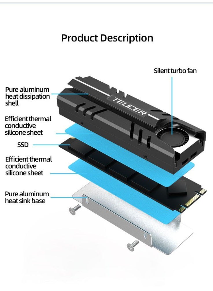 TEUCER M.2 NVME SSD Cooler with Cooling Fan and Cooling Pad, M.2 2280 Heatsink - Image 4