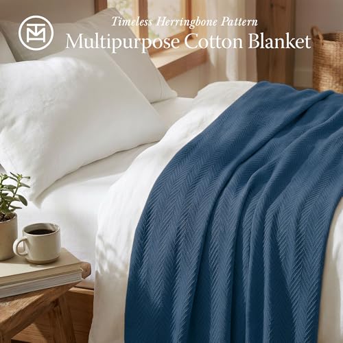 Threadmill Luxury Cotton Blankets for Queen Size Bed | All-Season 100% Cotton Queen Size Blanket | Herringbone Soft Breathable Fall Thermal Blanket fits Full Size Bed | Folkstone Blue - Image 2