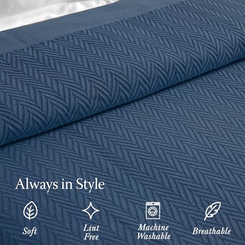 Threadmill Luxury Cotton Blankets for Queen Size Bed | All-Season 100% Cotton Queen Size Blanket | Herringbone Soft Breathable Fall Thermal Blanket fits Full Size Bed | Folkstone Blue - Image 4
