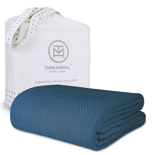 Threadmill Luxury Cotton Blankets for Queen Size Bed | All-Season 100% Cotton Queen Size Blanket | Herringbone Soft Breathable Fall Thermal Blanket fits Full Size Bed | Folkstone Blue - Image 1