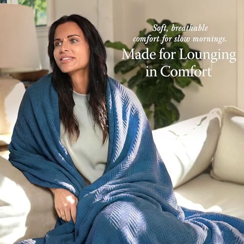 Threadmill Luxury Cotton Blankets for Queen Size Bed | All-Season 100% Cotton Queen Size Blanket | Herringbone Soft Breathable Fall Thermal Blanket fits Full Size Bed | Folkstone Blue - Image 3
