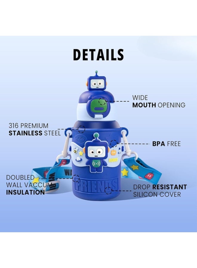 تويسو زجاجة ماء معزولة من الفولاذ المقاوم للصدأ للأطفال، سعة 450 مل - ترمس حراري برسومات كرتونية لطيفة، زجاجة محمولة مانعة للتسرب، للاستخدام في المدرسة والسفر والأنشطة الخارجية. (أزرق) - Image 3