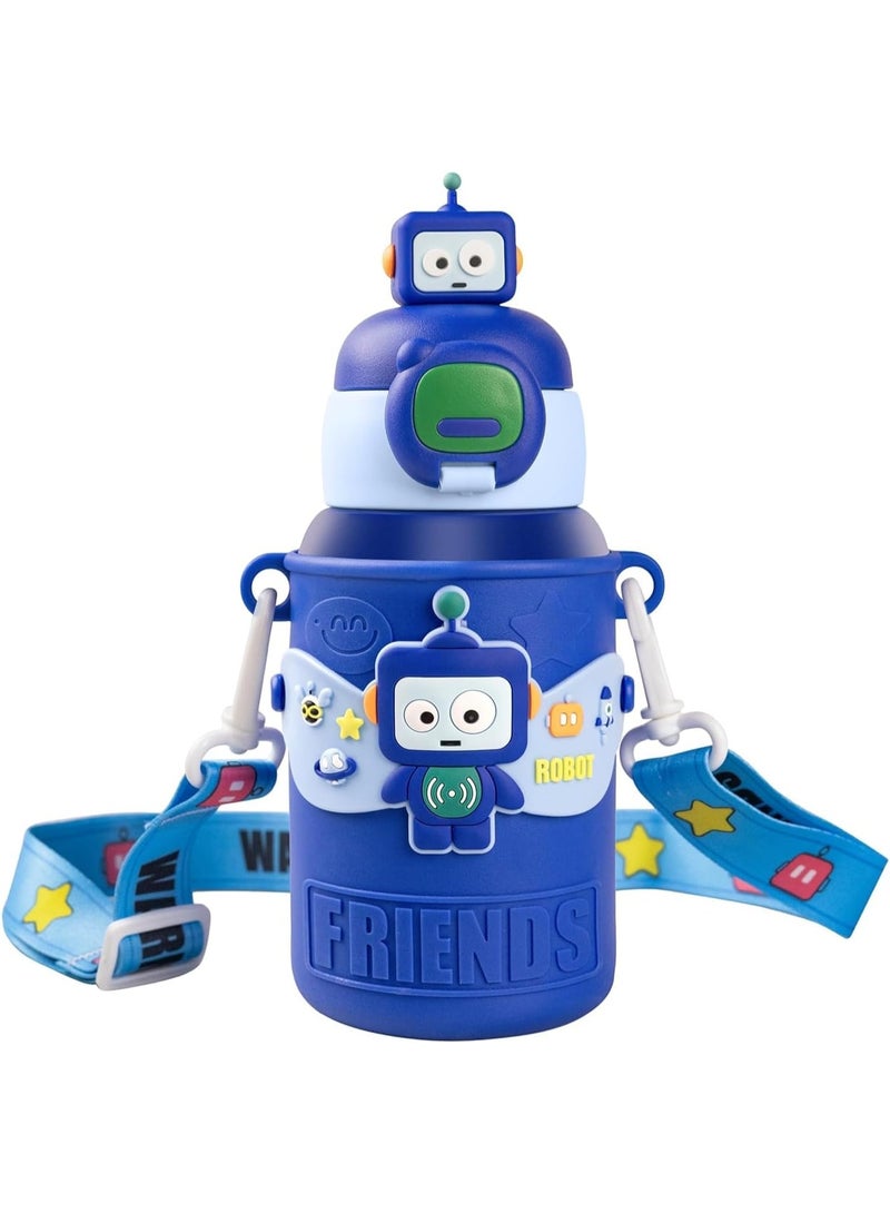 تويسو زجاجة ماء معزولة من الفولاذ المقاوم للصدأ للأطفال، سعة 450 مل - ترمس حراري برسومات كرتونية لطيفة، زجاجة محمولة مانعة للتسرب، للاستخدام في المدرسة والسفر والأنشطة الخارجية. (أزرق) - Image 1